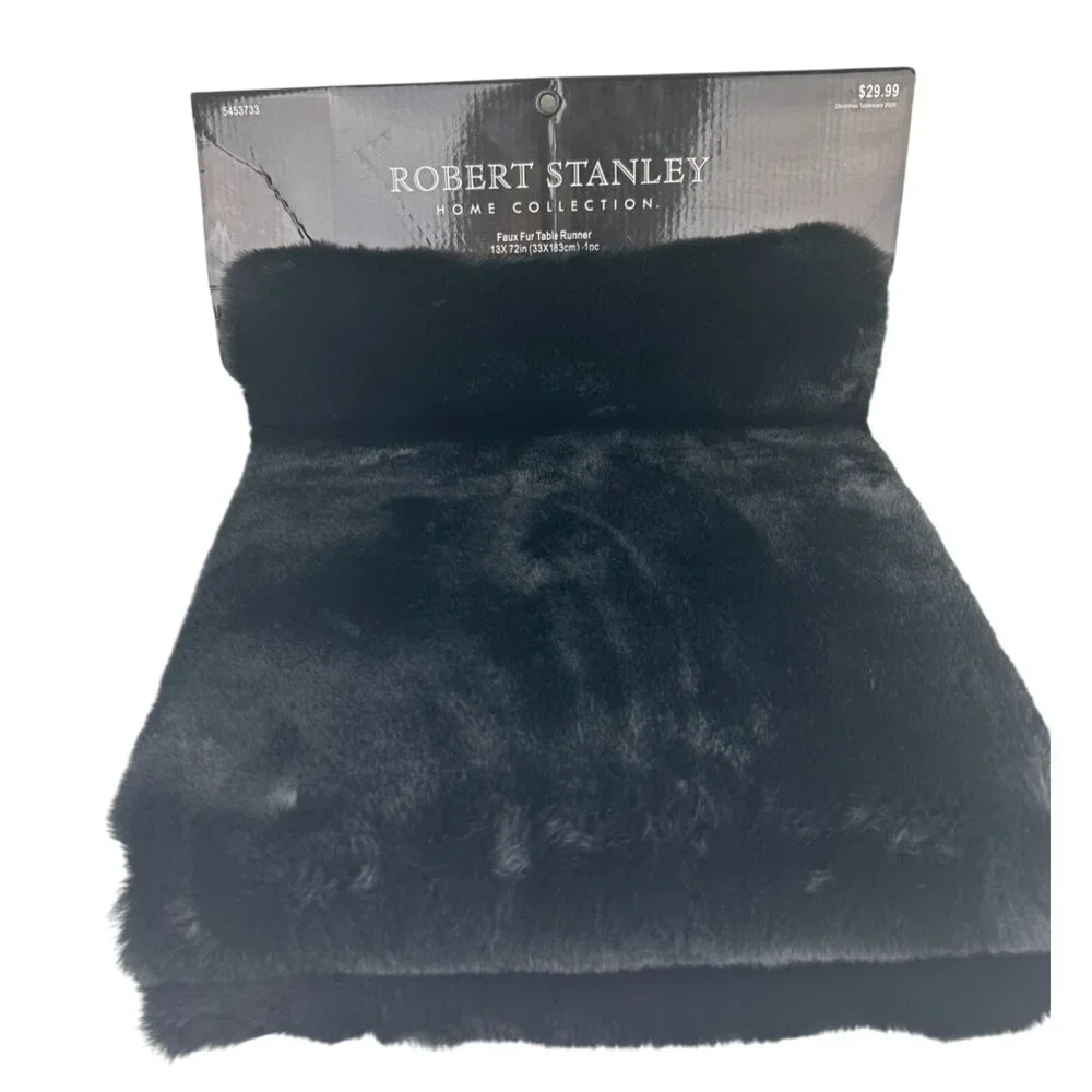 Robert Stanley Black Faux Fur Table Runner Home Holiday Collection 13x72 NEW